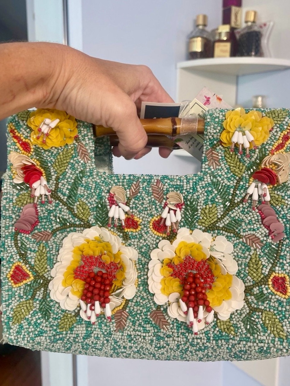 Beaded Floral Handbag with Bamboo Handle - Teal, Yellow & Red VIRAL